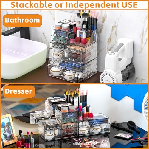 Acrylic Makeup Organizer with 8 Drawers - Stackable Vanity & Skincare Storage Set of 3