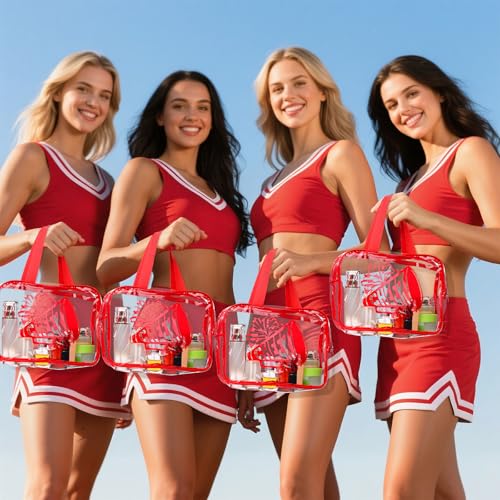 Kacctyen 12 Pcs Cheer Large Clear Toiletry Cosmetic Makeup Bag with Zipper and Handle Cheer Snack Bag Bulk for Team 12 x 9 x 4 Gift Bags Tote Pouch Cheerleading Teammates Party Supplies(Red)