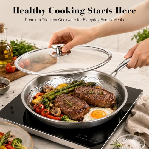 12-In Titanium Frying Pan with Lid - Hammered Alloy Skillet, Non-Stick, Oven Safe