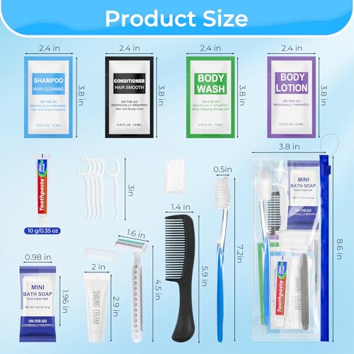 Personal Hygiene Kit Bulk Pack of 10,Individually Wrapped 13-IN-1 Blue Disposable Basic Travel Toiletry Set Homeless Care Package Supplies for Men,Women,Guests,Charity