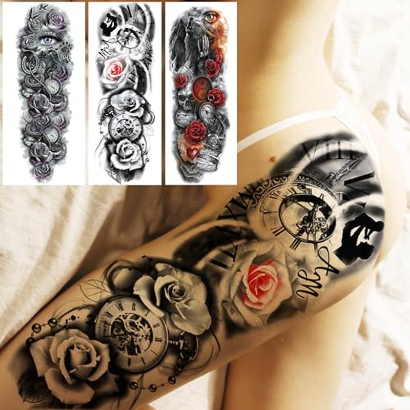 18 Sheets Large Full Arm Temporary Tattoos For Adults, 8 Sheets Peocock Lion Wolf Tiger Compass Flower Fake Sleeve Tattoos For Women Thigh, 10 Sheets Watercolor Rose Half Arm Tatoos Stickers