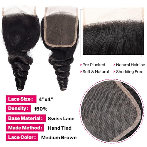 4x4 Transparent HD Lace Closure Loose Wave Human Hair Closure 10 Inch Invisible Ultra-thin 4x4 Lace Closure Brazilian Raw Virgin Human Hair Pre Plucked Natural Black
