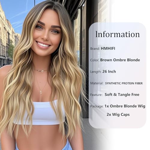 HMHIFI 26 Inch Long Wavy Curly Blonde Wig with Middle Part - Brown Ombre