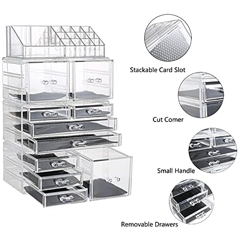 Sooyee Makeup Organizer,Make Up Organizer Stands,Acrylic Makeup Storage 10 Makeup Drawer Organizer for Bathroom, Dresser, Vanity Accessories or Countertop,Clear,4 Pieces Stackable