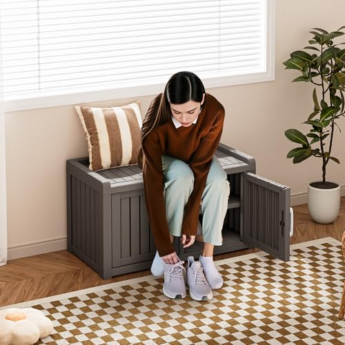 NBYSGO Classic Grey Waterproof 2-Tier Outdoor Shoe Storage Bench with Double Doors
