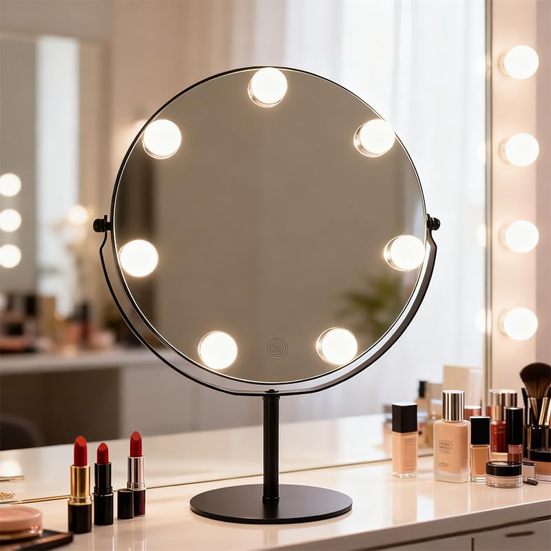 Lighted Makeup Mirror with 7 LED Bulbs, Dimmable & 360° Rotation, Black, 11.8x17 Inches