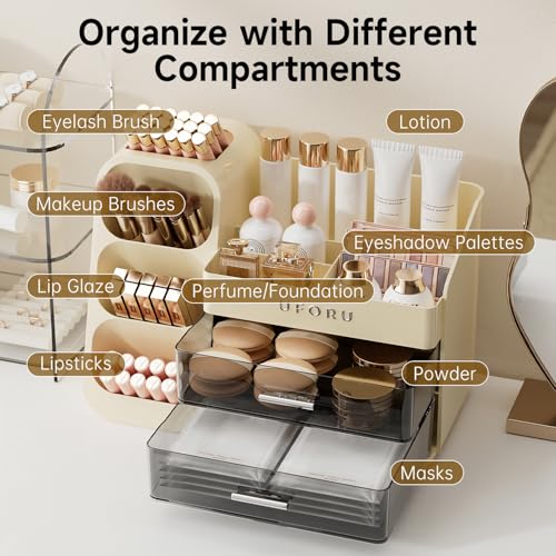 Cream White UFORU Makeup Organizer with Brush Holder for Vanity & Bathroom