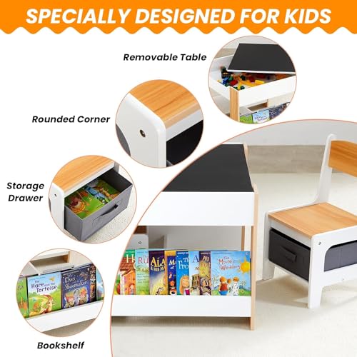 Kids Table and Chair Set - 4-in-1 Toddler Desk with Storage, White, 24.49 x 24.49 x 18.9 inches