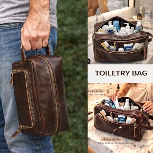 Leather Men's Toiletry Bag Dopp Kit Travel Organizer - Dark Chocolate Brown