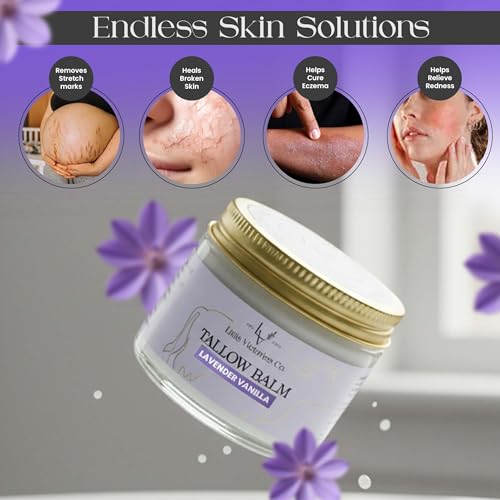 2.0 floz Grass Fed Beef Tallow and Honey balm - Lavender Vanilla Organic Beef Tallow for Skin is Ideal for Eczema, Stretch Marks, Psoriasis, Itching - Beef Tallow honey balm or Face & Body Moisturizer