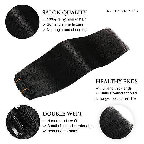 Clip In Hair Extensions Human Hair 14 Inch Jet Black 70G - Suyya