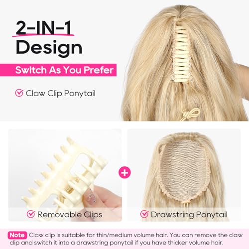 REECHO 24 Inch Curly Wavy Ponytail Extension - Strawberry Blonde Clip-In Hairpiece for Women