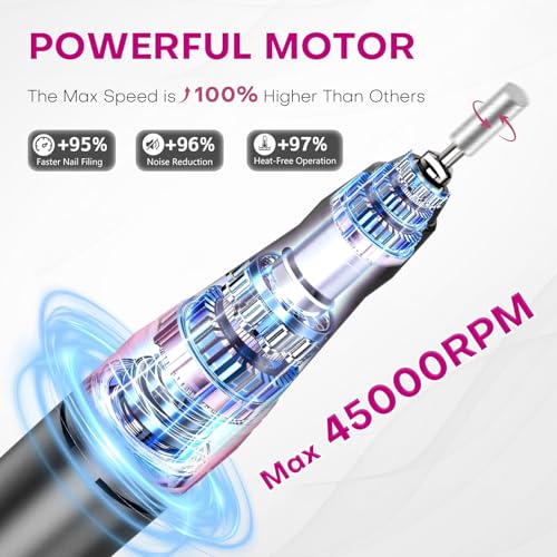 TUOBEO Cordless Nail Drill Electric Nail File - Gray, 45000 RPM, Rechargeable Professional Manicure Tool