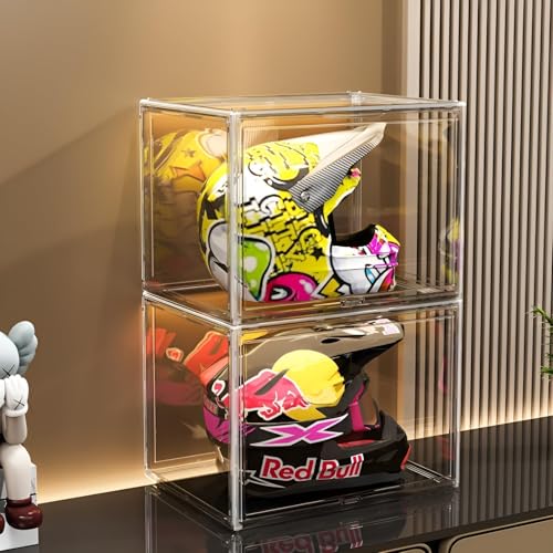 Large Clear Stackable Plastic Storage Bins with Door, Dustproof Figures Collectibles Display Case, Football & Motorcycle Helmet Showcase, Basketball, Memorabilia Organizer Box (XL, Count, 1)