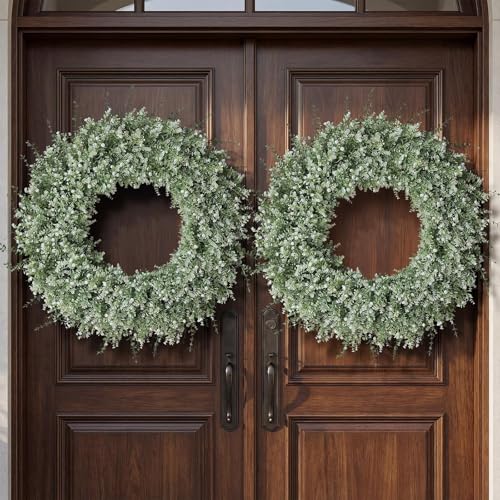 FOTEEWL 32-Inch Artificial Eucalyptus Wreath for Front Door Decor - White-Green, Full & Lifelike