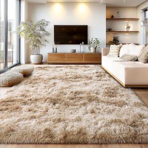 9x12Ft Shaggy Area Rug - Fuzzy Tie Dye Camel Living Room Carpet