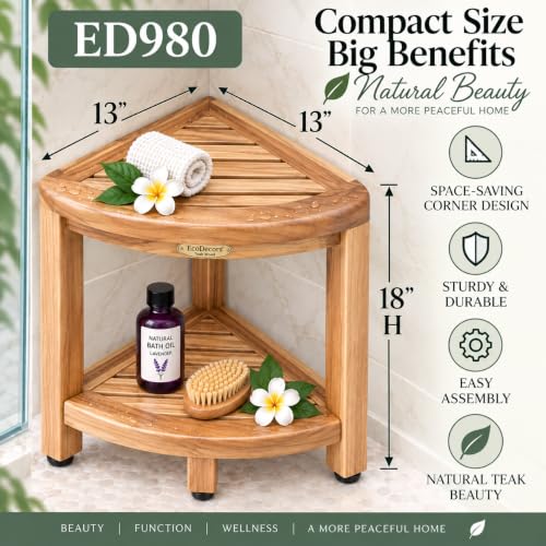 Corner Shower Stool with Shelf - Solid Teak 2-Tier Teak Shower Corner Shelf