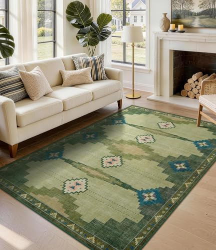 Green Washable Mid Century Modern Area Rug 6x9 Feet for Living Room - Southwestern Pattern