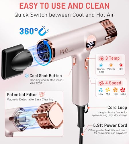 FMZ Pink Ionic Hair Dryer with Diffuser, 1875W High-Speed Blow Dryer