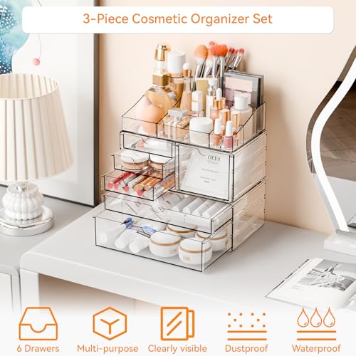 Yieach 6-Drawer Clear Makeup Organizer for Vanity and Counter - Stackable Cosmetic Storage