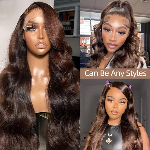 Chocolate Brown Lace Front Wig 28 Inch Body Wave Human Hair HD 13x4