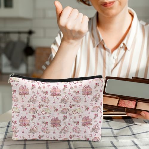 Pink Bookish Makeup Bag, Reading Lover Reader Gifts for Women, Preppy Pink Bow Rose Floral Bookish Cosmetic Bags for Women, Bookworm Gifts Zipper Makeup Pouch Travel Toiletry Bag