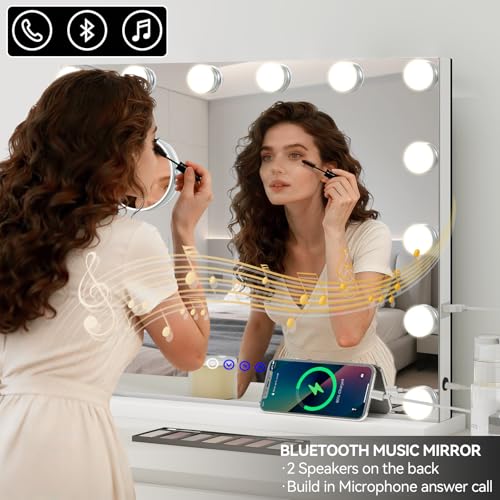 22.8 x 17.7 Inch Vanity Mirror with Lights & Bluetooth Speaker - Dimmable LED, 3 Color Modes, USB Charging Port