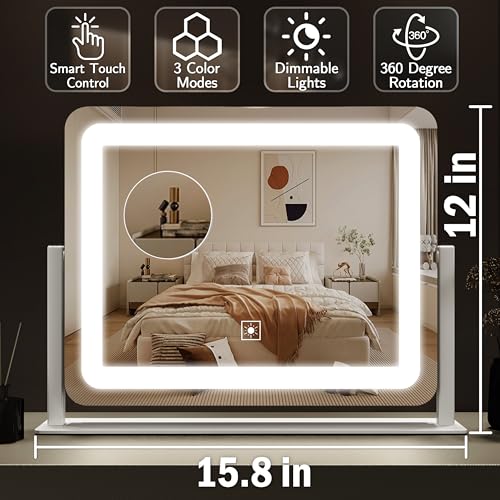 Lighted Makeup Vanity Mirror with 10X Magnification, Dimmable LED Lights, 15x12 Inch