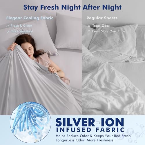 Elegear Silver-Infused Cooling Sheets Set – Queen 4-Piece Gray Flat Sheet Included