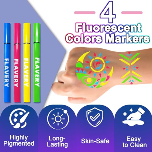 Glow in the Dark Temporary Tattoo Markers for Face Paint, 4PCS UV Neon Body Markers + 8 Sheets Temporary Tattoo Stencil for Adult, Flexible Brush Tip, Cosmetic Tattoo Pen, DIY Body Art Set