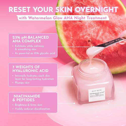 Glow Recipe Watermelon Glow AHA Night Treatment 0.84oz Travel Size Overnight Mask with Glycolic & Lactic Acid, Hyaluronic & Niacinamide