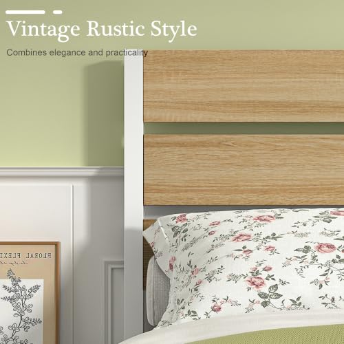 Full Size Metal Bed Frame with Wood Headboard - Natural & White, Heavy-Duty Platform