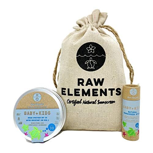 Raw Elements Baby + Kids SPF 30 Organic Sunscreen Zero-Waste Bundle with Lotion Tin 3oz, Lotion Stick 1oz and Hemp Drawstring Bag