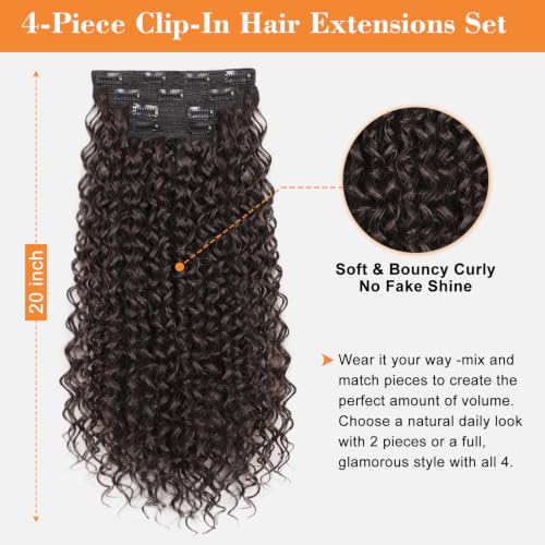 Black Brown 20 Inch Curly Clip-In Hair Extensions - 4 Pieces