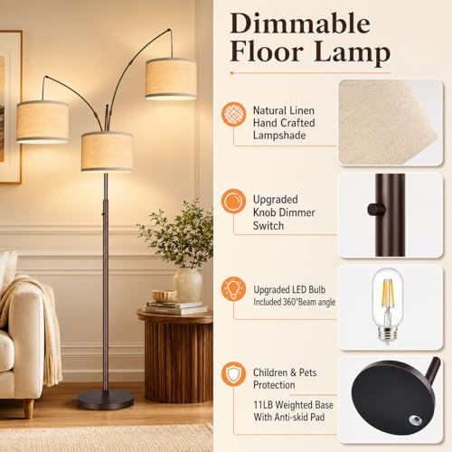 Dimmable Arc Floor Lamp with Beige Linen Shade - 3 Lights Tall Standing Lamp for Living Room Bedroom Office - Brown Beiged Variation