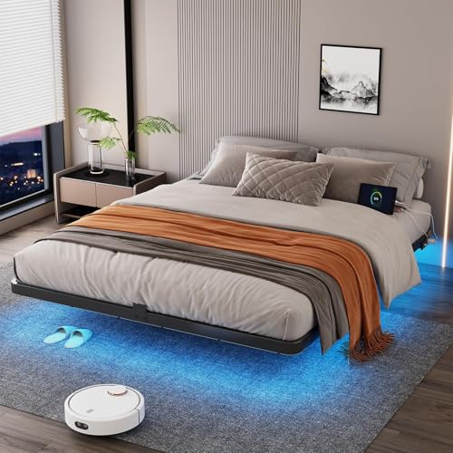 King Size Floating Platform Bed Frame with RGB LED Lights & Charging Station - Modern Metal Bed, Easy Assembly