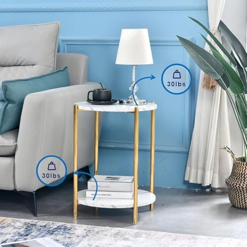 Gold Round End Table with Faux Marble Top - 2-Tier Modern Side Table