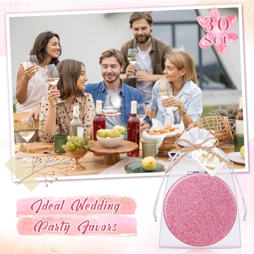Chunful 30 Sets Compact Magnifying Mirrors Gifts with Thank You Card and Rope Quinceanera Party Favors for Guests Bridal Shower Wedding Souvenir Bridesmaids Mother's Day(Pink)