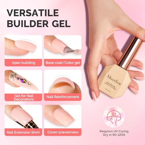 MelodySusie Builder Gel Nail Set for Nails Thickening,6 Colors 15ML Nude Base Colors Clear Rubber Base Gel Polish,Soak Off UV Extension Gel,Rhinestone Nail Glue in a Bottle Gift for Women