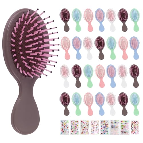 Mini Hair Brush Bulk 30-Pack with DIY Stickers, 5.3 Inch Travel Detangling Brushes