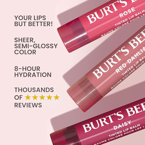 Burt¡¯s Bees Tinted Lip Balm Value Pack Includes 3 Lip Balms: Red Dahlia, Daisy and Rose; 8 Hour Moisture; Provides a Hint of Color; Nourishing Shea Butter; 100% Natural Origin; 3 Tubes; 3x0.15 Oz.