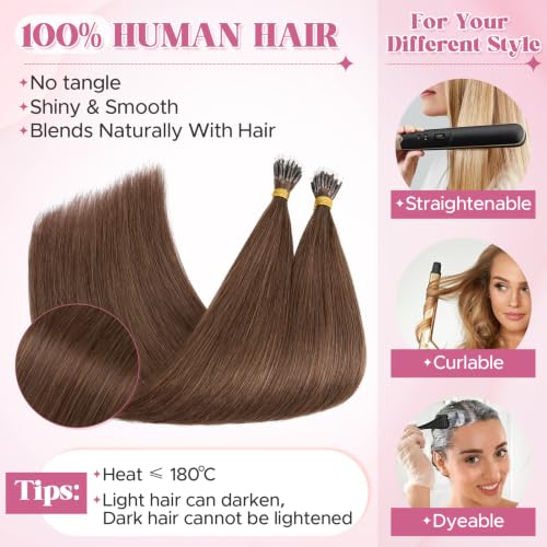 Nano Bead Hair Extensions 18 Inch Real Human Hair - Medium Brown #04 - Seamless & Reusable
