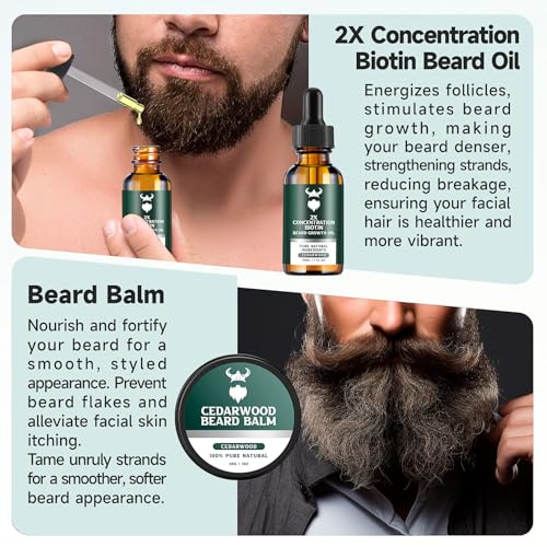 Beard Growth Kit with Cedarwood Oil - 2X Concentration Biotin for Men, Natural Argan & Jojoba Oils