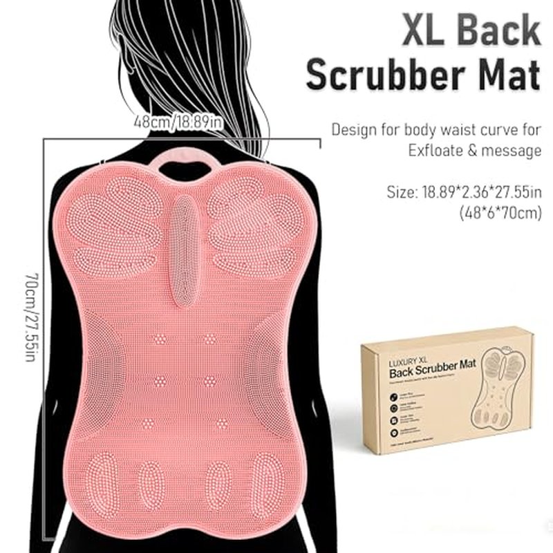 Back Scrubber for Shower Bath Wall Mounted Women XXL | Silicone Body Brush Scrub Mat with Curved 3D Back Support Power Suction Cups -Exfoliating Luxury Bathtub Cushion Pad Skin Care Home Spa Pink