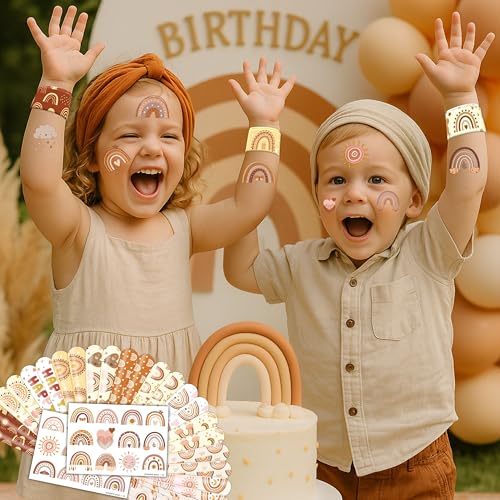 48PCS Boho Rainbow Party Set - 24PCS Temporary Tattoos & 24PCS Slap Bracelets - Fun Birthday Supplies, Baby Shower Gifts, Classroom Rewards & Boho-Themed Decor for Kids (Boys & Girls)