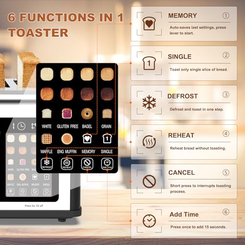 Black 4-Slice Touch Screen Toaster with Dual Control, 8 Shade Settings, 6 Bread Types
