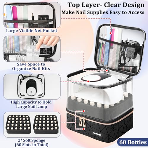 Black Double-Layer Nail Polish Organizer Bag Holds 60 Bottles & UV Lamp
