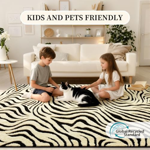 Zebra Pattern 5x7 ft Washable Area Rug for Living Room - Non-Slip Black & White Abstract Carpet - Nursery, Bedroom, Office Decor