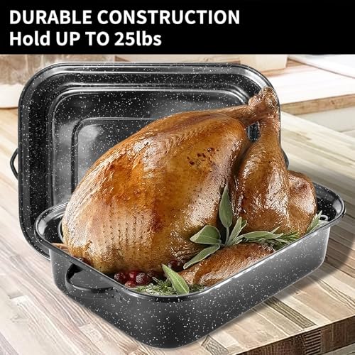 21-Inch Rectangular Roasting Pan with Lid and V-Shaped Rack for Turkey - 25lb Capacity