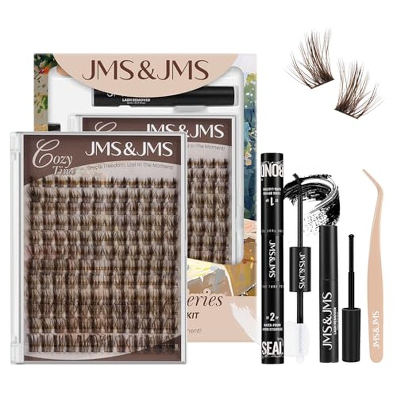 JMS&JMS Brown Lash Extension Kit 144PCS Wispy Lash Clusters Kit CC Curl 8-18MIX Cluster Eyelash Extensions Kit with Lash Bond and Seal, Lash Remover, Lash Tweezers at Home